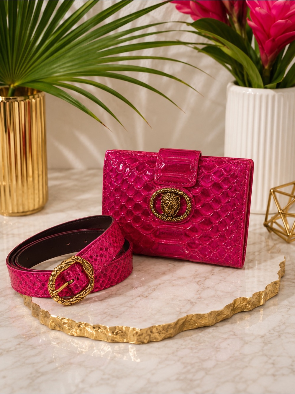 Kurt Geiger Fuchsia Snake-Embossed Wallet with Antique Gold Hardware
